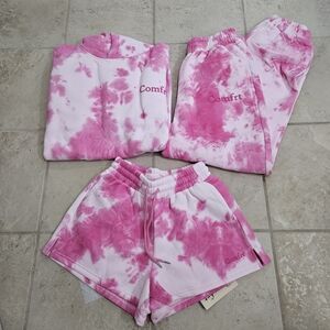Pink Tie-Dye Comfrt Lounge Set - Hoodie, Joggers & Shorts